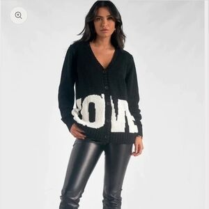 Elan Black and White LOVE V-Neck Cardigan Size XS NWT Valentines Day